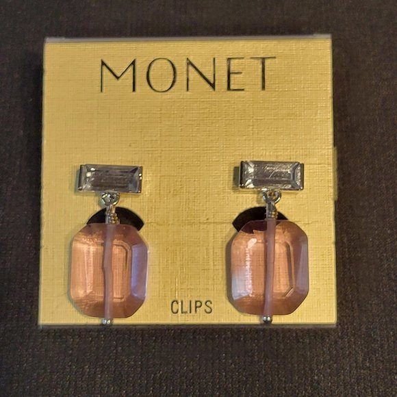 VTG Clip On Pink Silver Earrings Dangle Drop Pageant Rhinestone Crystal NEW Card - Picture 4 of 4